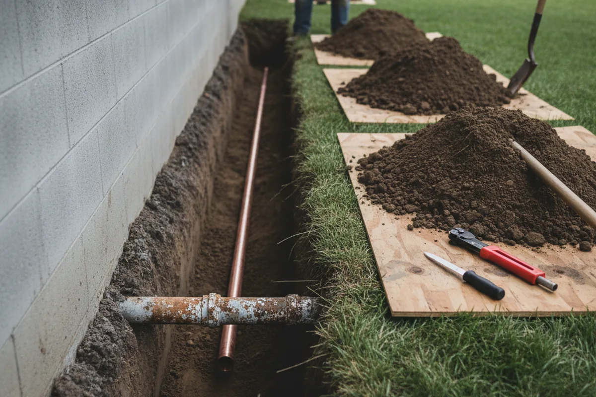 Excavated water line trench during Water Heater Repair in Monroe